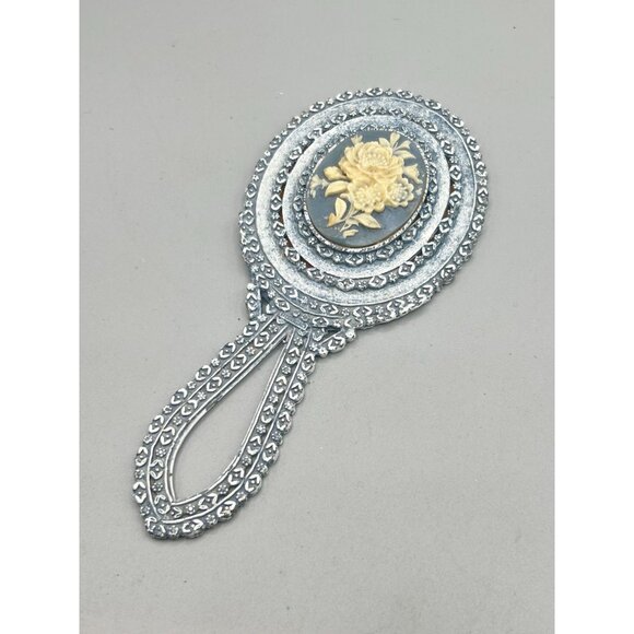 Vintage Florenza Small Hand Mirror Dusty Blue Enamel with Floral Resin Cameo - Picture 12 of 12